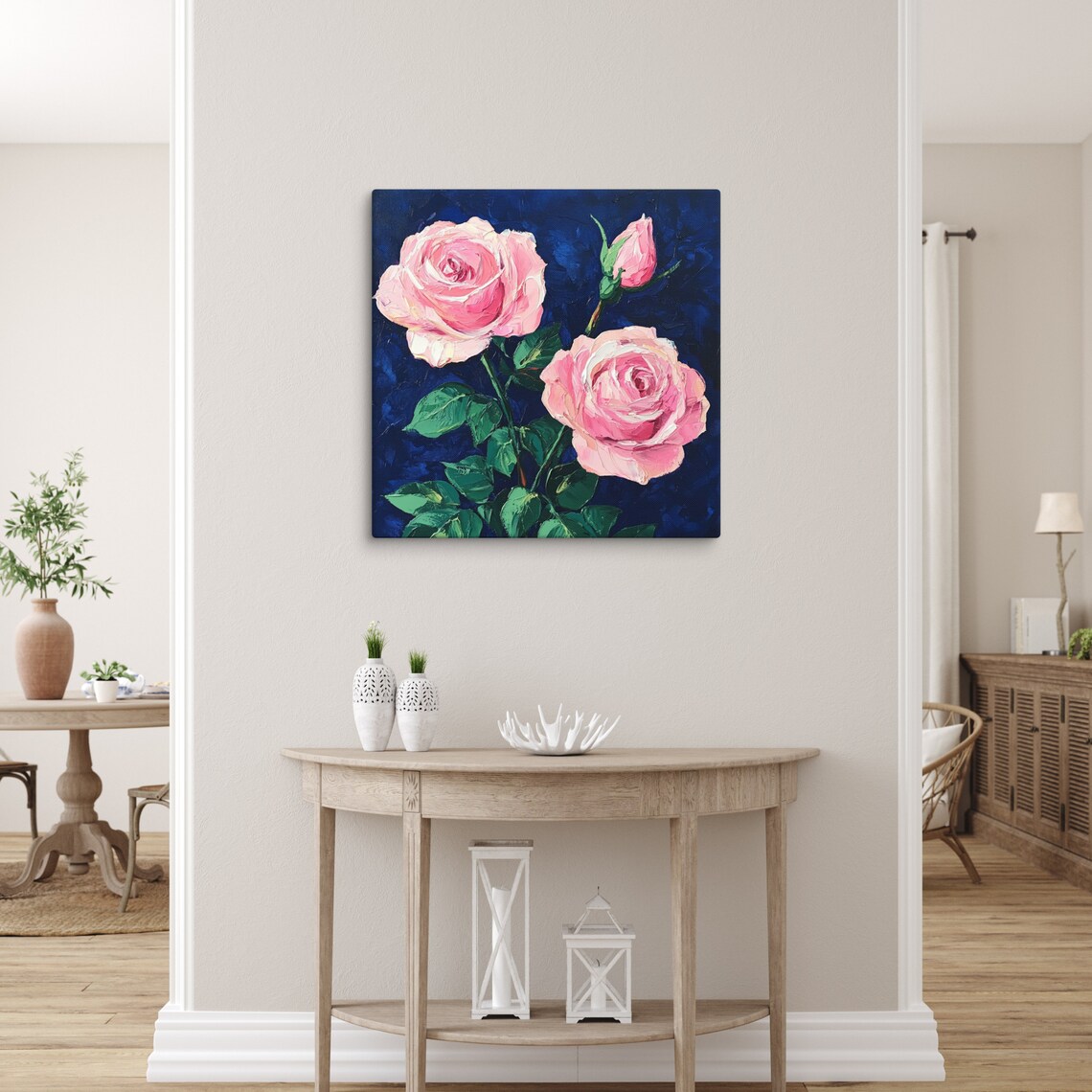Pink Roses Impasto Oil Blooms Navy Blue Background Art Poster - Image 5