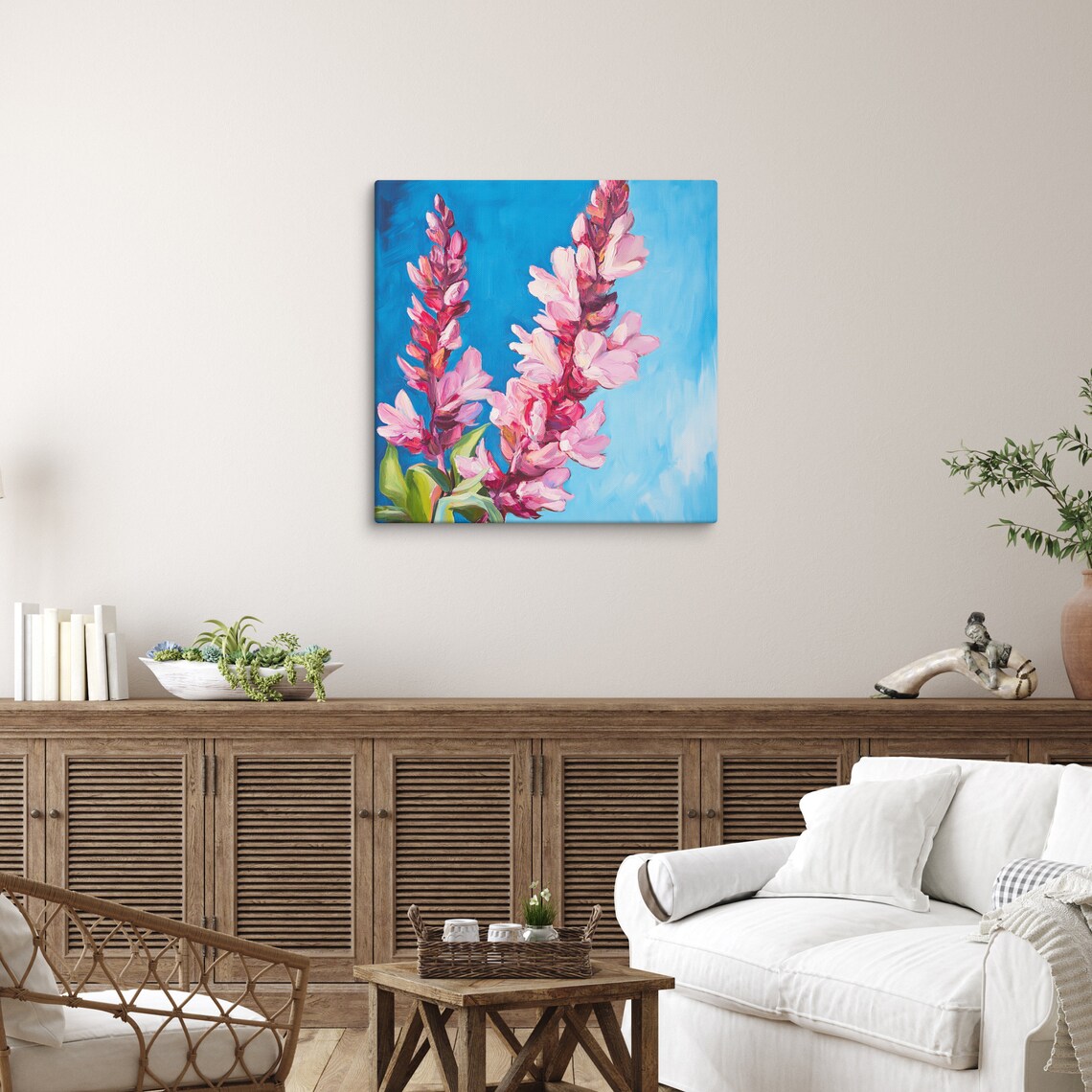 Pink Flower Spikes Blossom Painting Print On Bright Blue Poster - Image 3