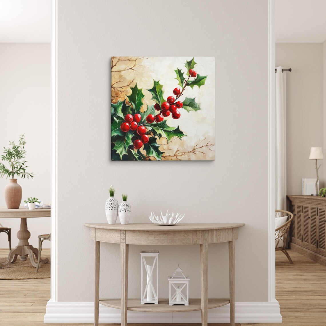 Christmas Holly Branch Red Berries Botanical Holiday Canvas Art Print - Image 4