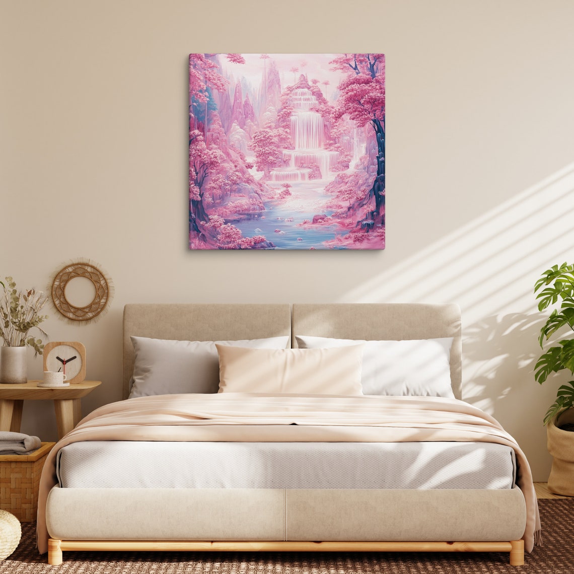 Pink Cherry Blossom Waterfall Temple Spring Flower Valley Wall Art - Image 3