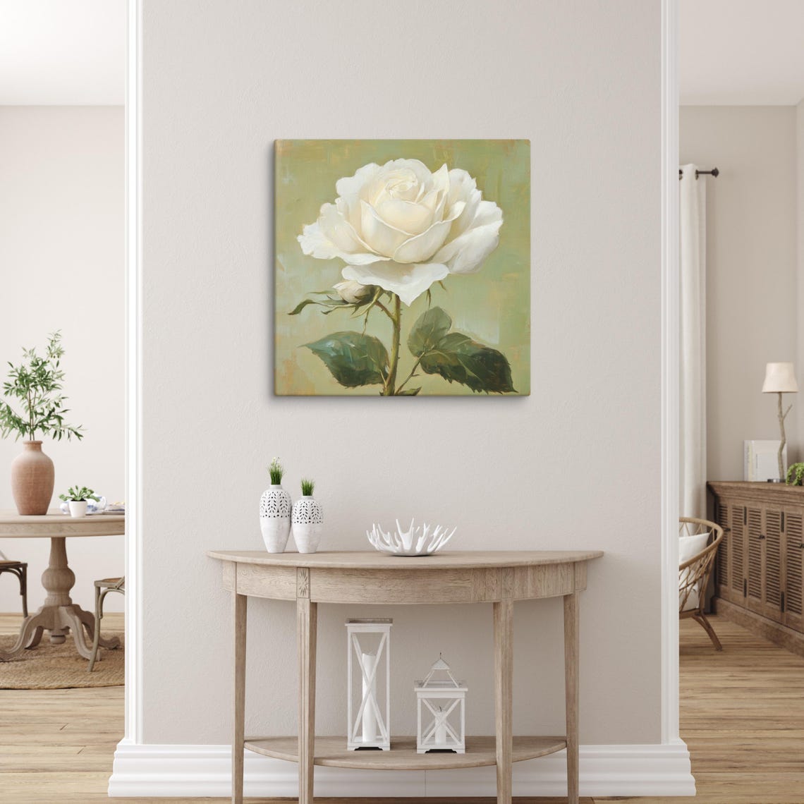 Elegant White Rose Bloom Bud Olive Green Floral Painting Print - Image 3
