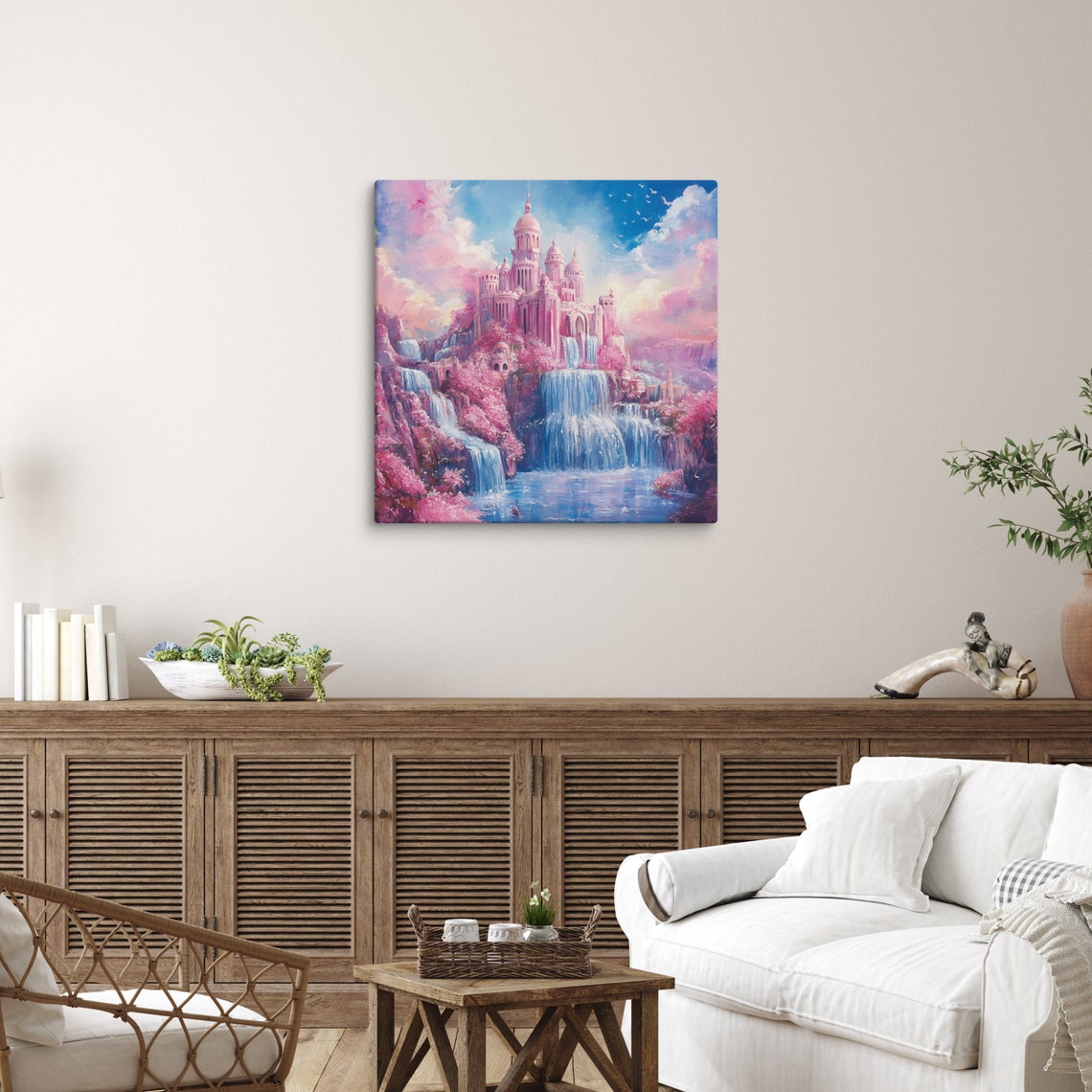 Pink Fairy Tale Castle Waterfalls Cherry Blossom Magic Palace Wall Art - Image 2