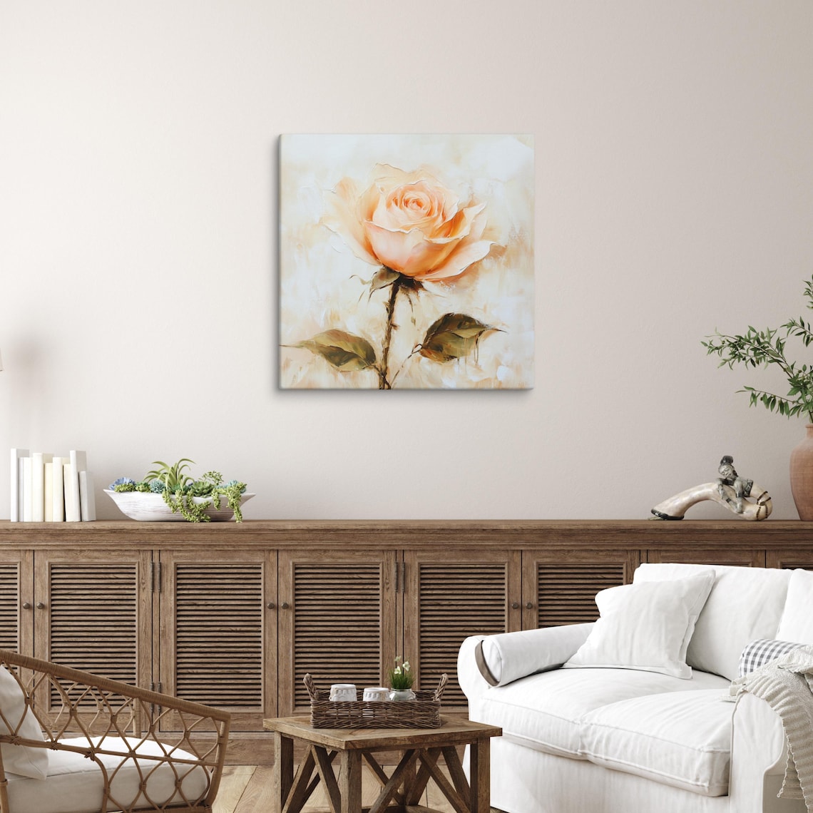 Peach Blush Rose Single Bloom Oil Painting Floral Wall Art Poster - Image 5