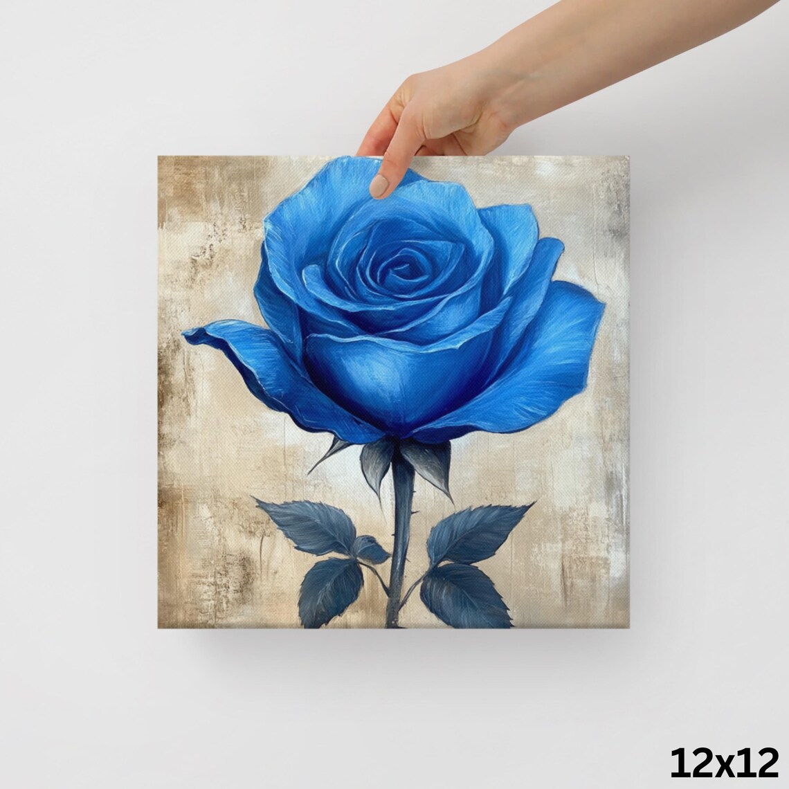 Blue Rose Single Bloom Vintage Beige Backdrop Floral Painting Print - Image 2