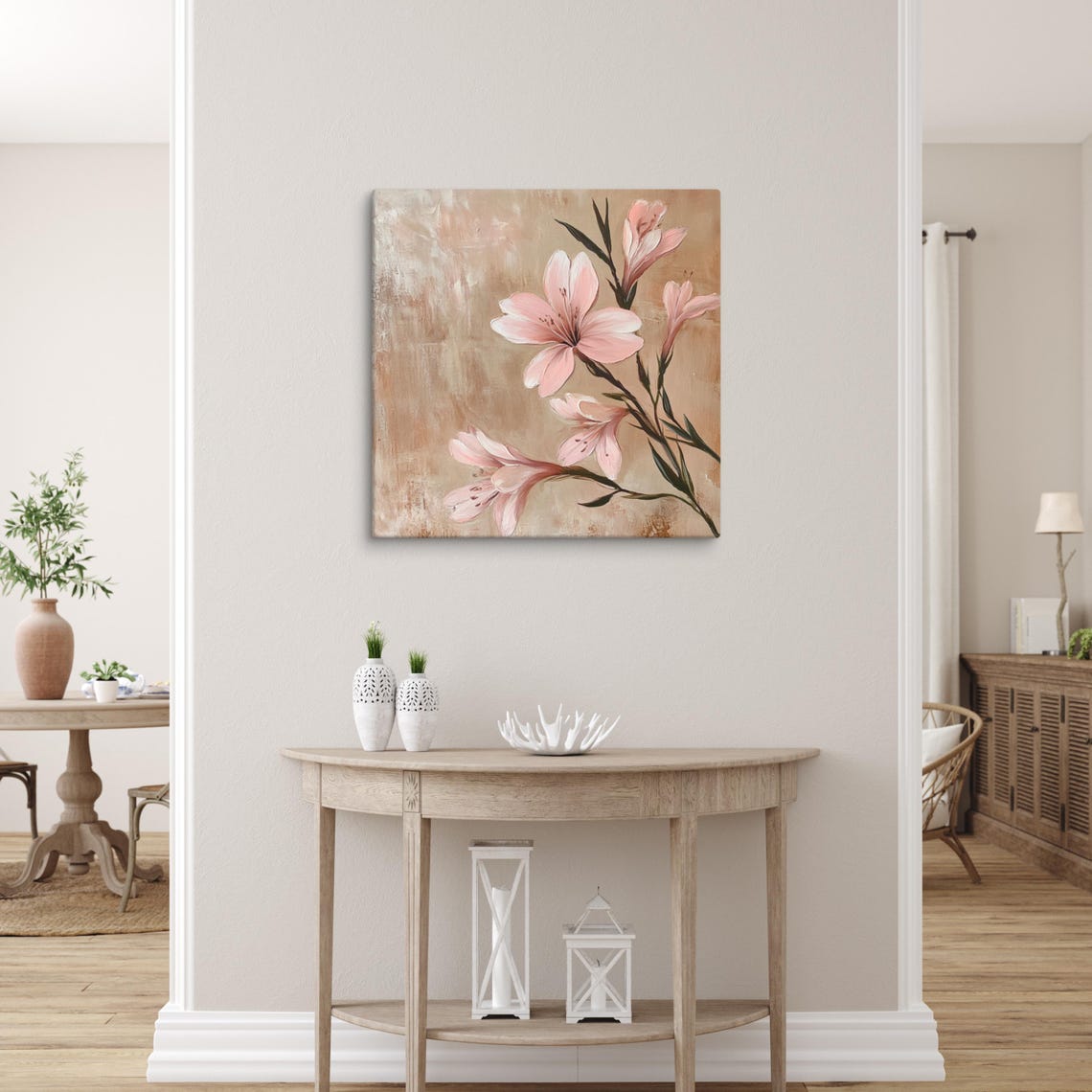 Pink Flower Wall Art Flower Painting Print Pink Flower Art Nature Wall Art Flower Wall Art Beige Living Room Art - Image 4
