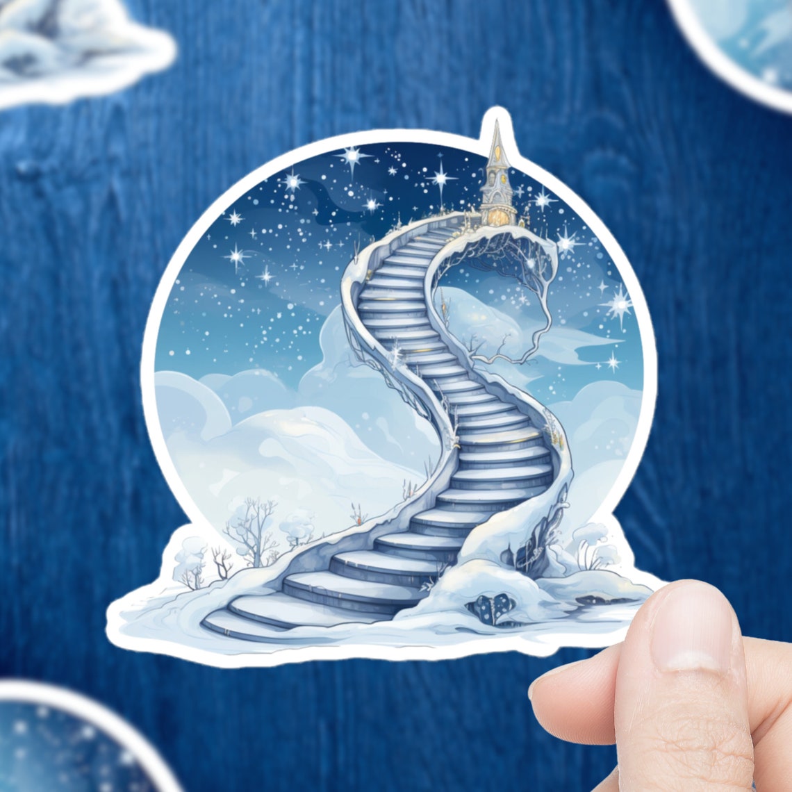 Snowy Magical Staircase to Tower Starry Sky Winter Fantasy Sticker