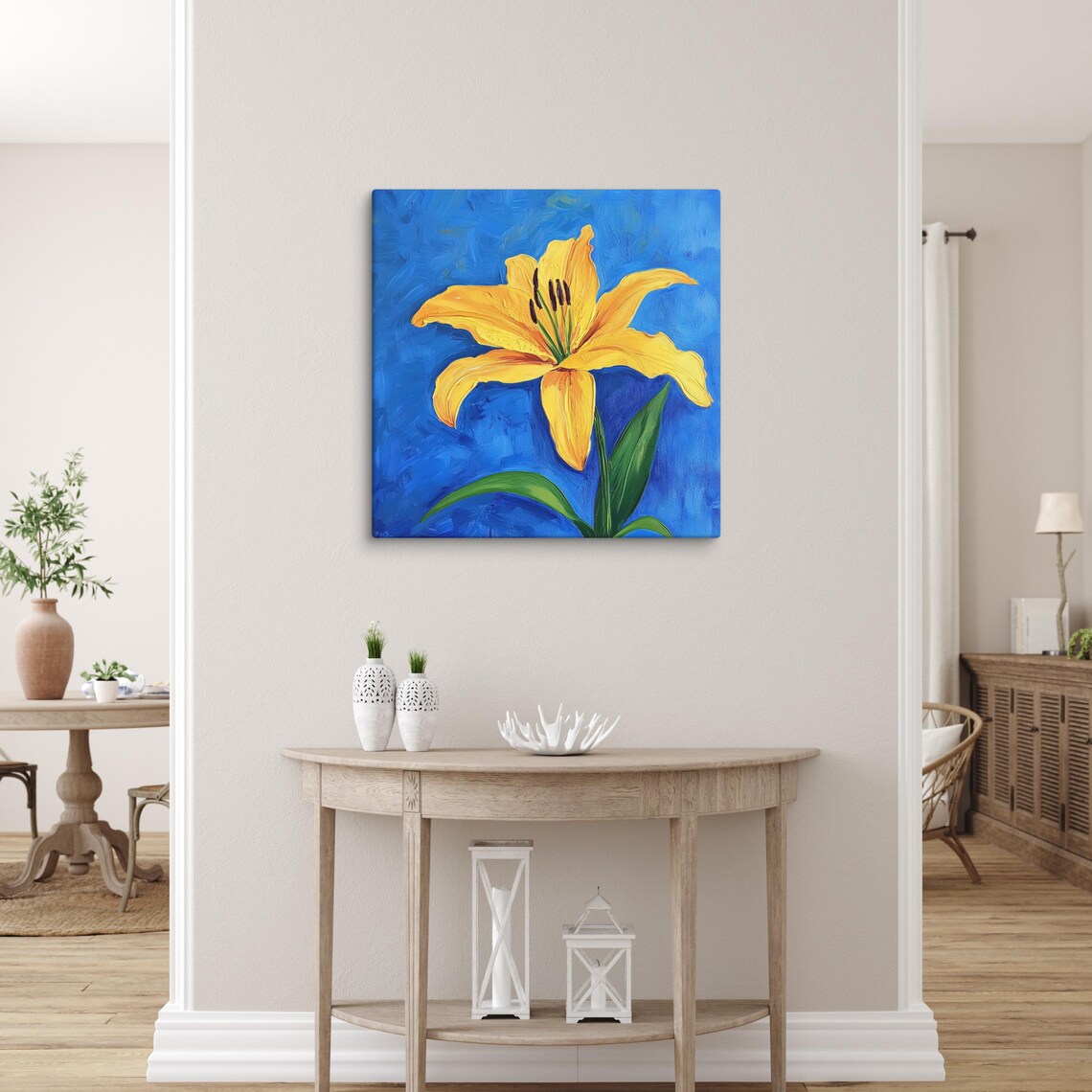 Golden Yellow Lily Bold Blue Background Botanical Floral Art Poster - Image 5