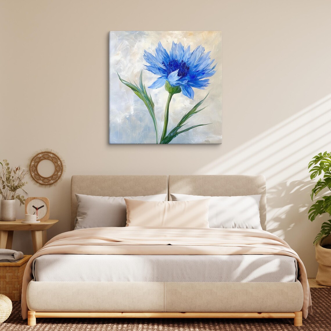 Blue Cornflower Bloom Single Flower Oil Painting Print Poster - Image 2