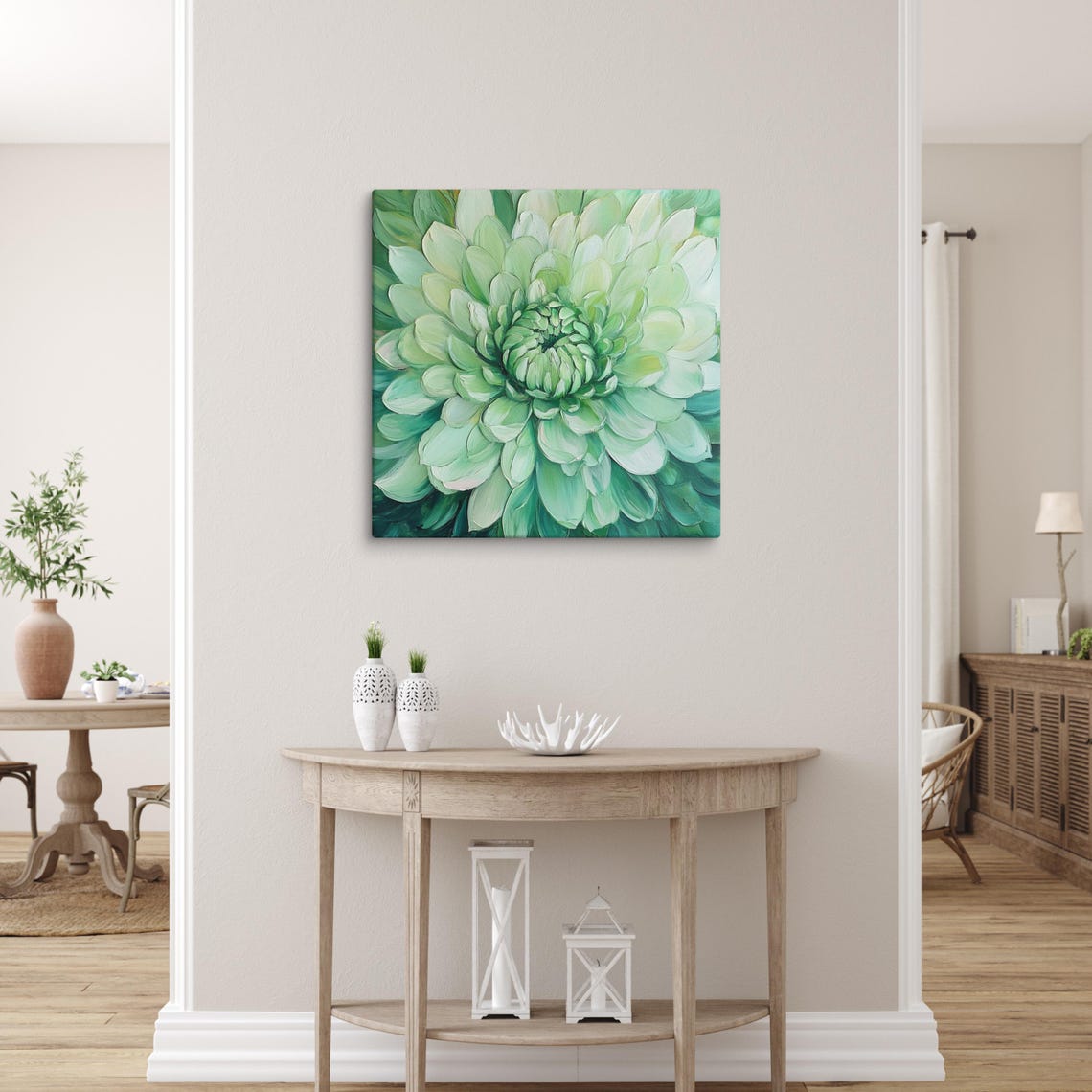 Green Chrysanthemum Macro Bloom Seafoam Petals Floral Wall Art - Image 5