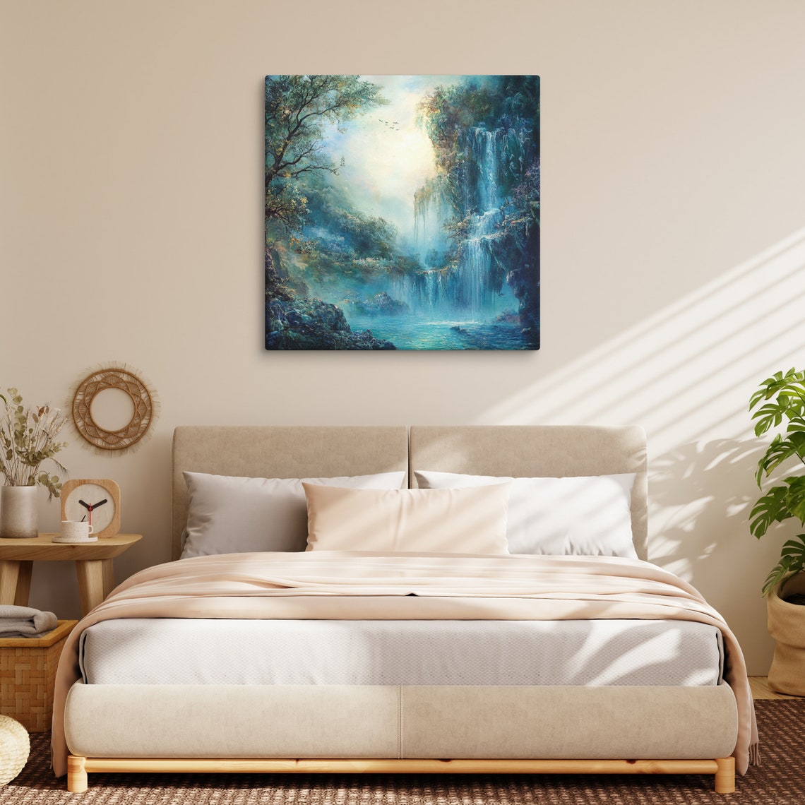 Blue Misty Jungle Waterfall Tropical Forest Dreamy Falls Canvas Print - Image 2
