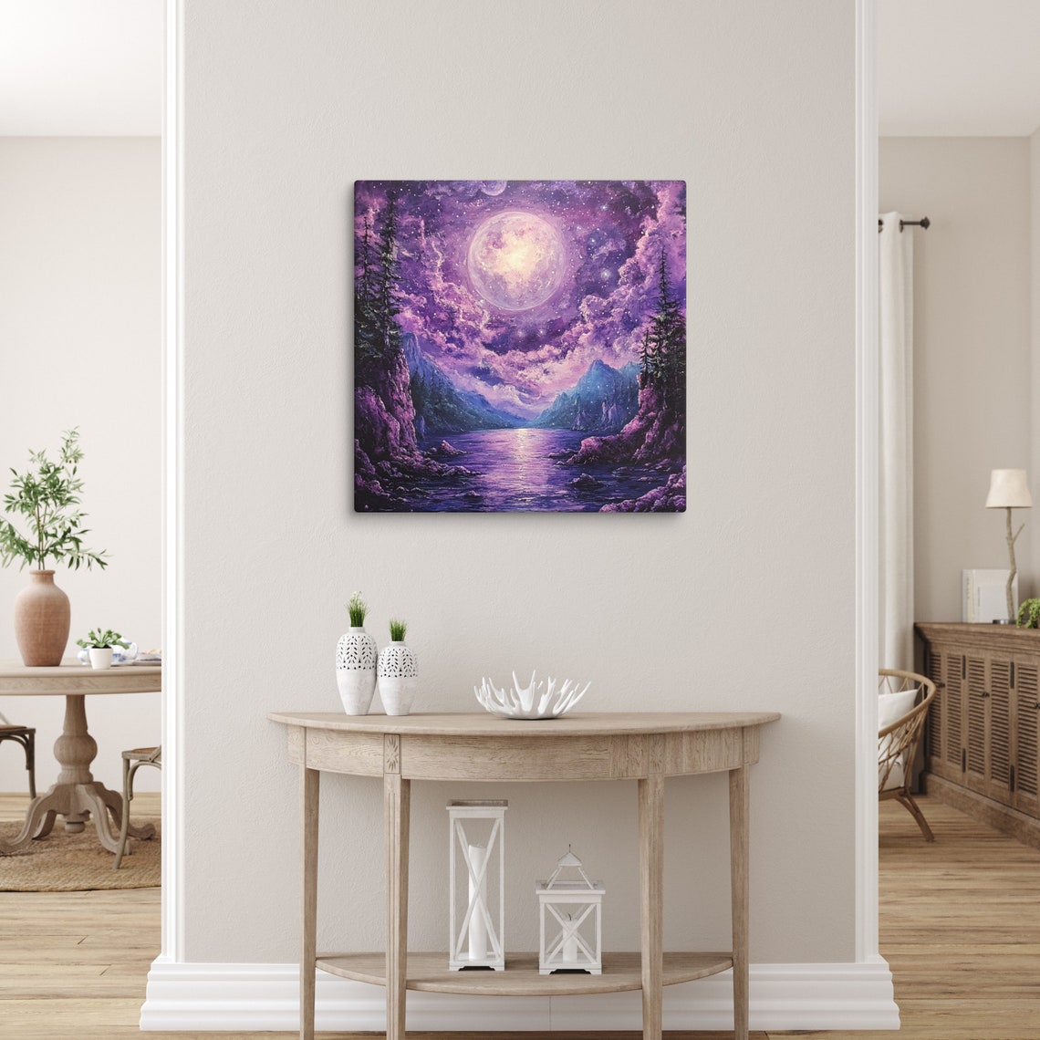 Purple Full Moon Over Mountain Lake Starry Night Sky Canvas Wall Art - Image 3