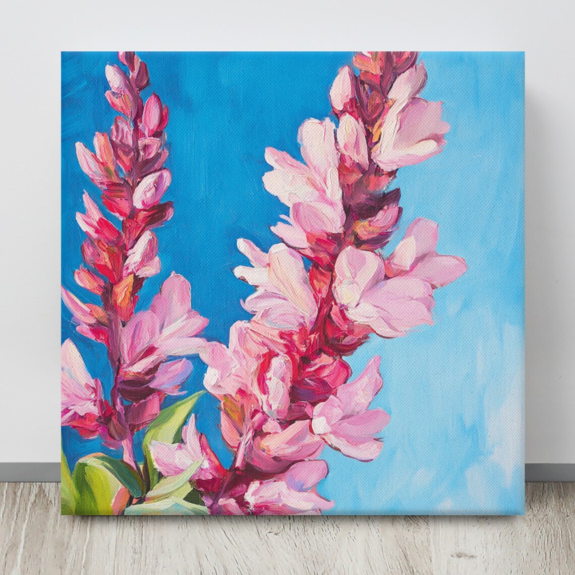 Pink Flower Spikes Blossom Painting Print On Bright Blue Poster - Image 4