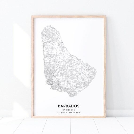 Barbados Map Print, Black White Minimalist Modern