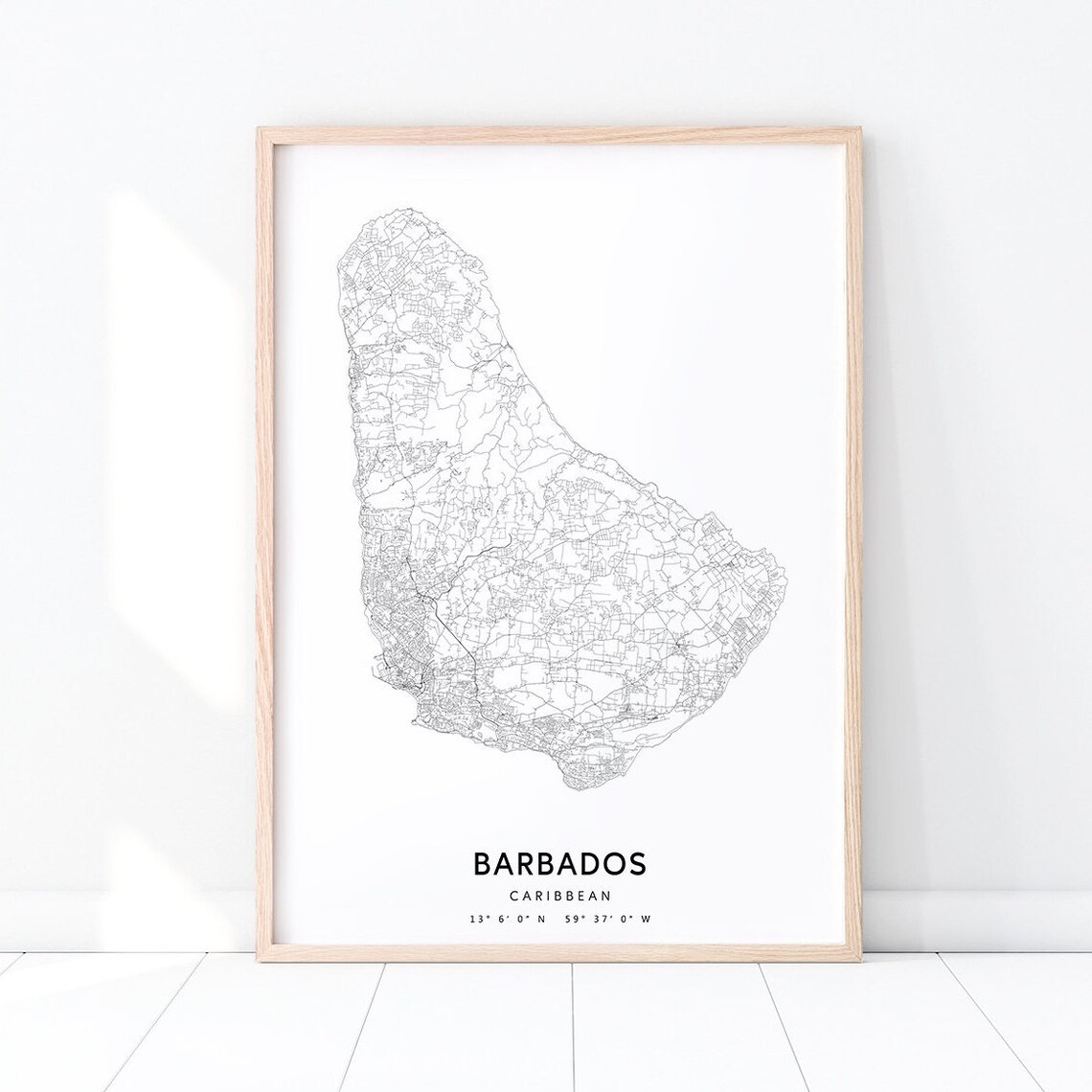 Barbados Map Print, Black White Minimalist Modern