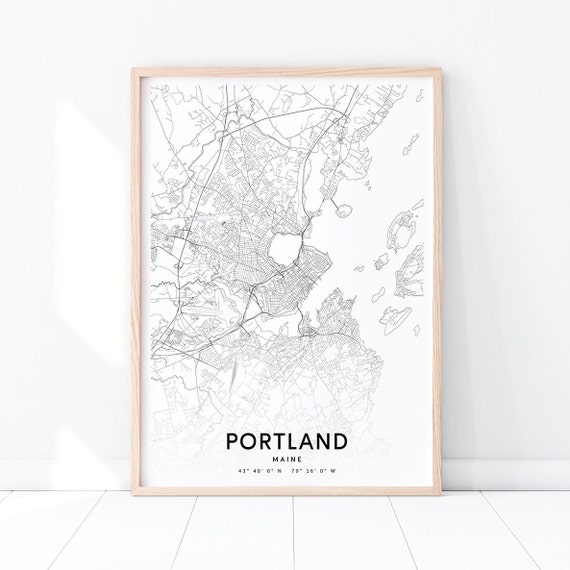 Portland Map Print Maine Art Poster City Street Road Black White Modern Wall Office Decor