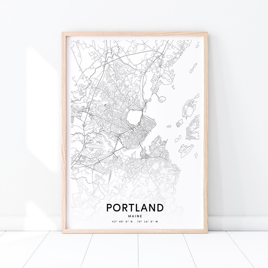 Portland Maine Detailed Minimalist City Street Map Black White Poster