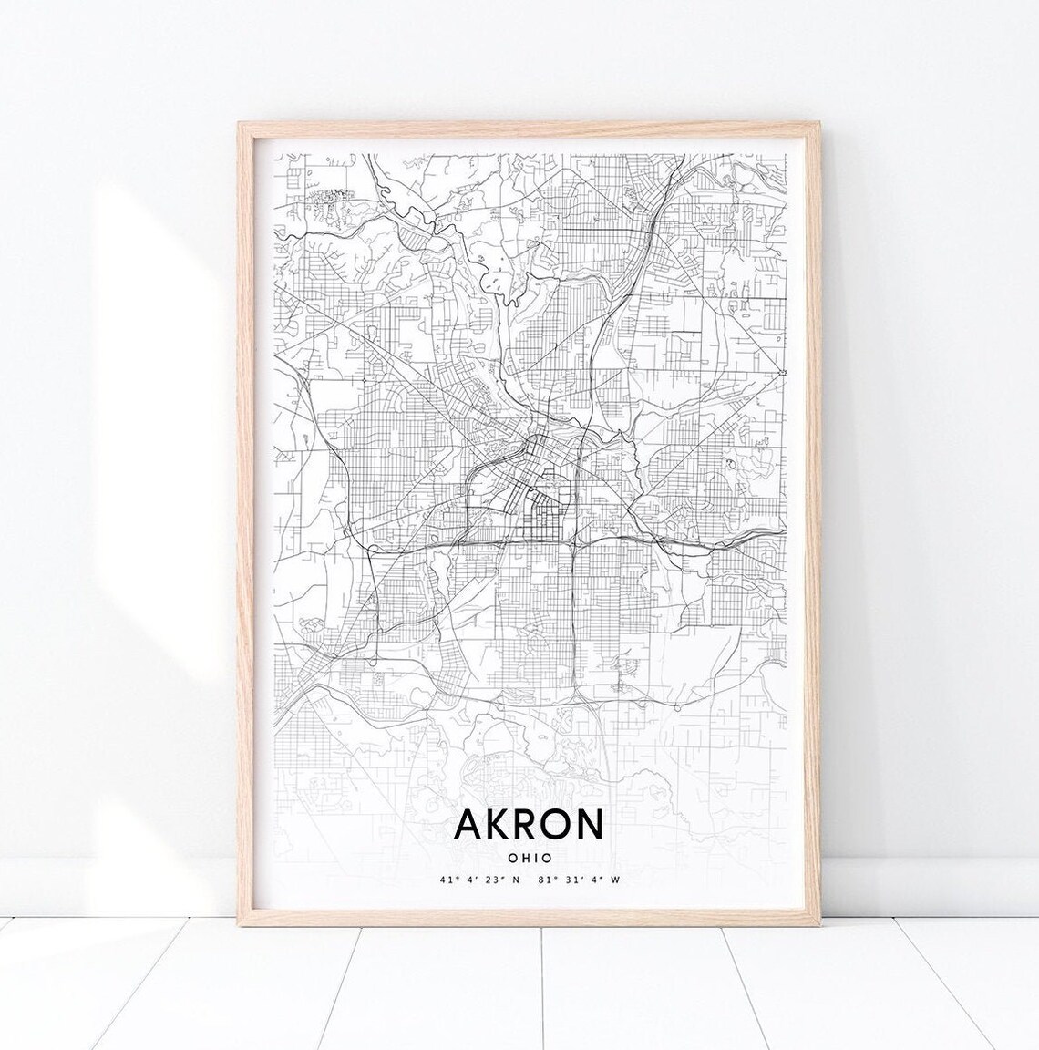 Akron Ohio Detailed Minimalist City Street Map Black White Poster