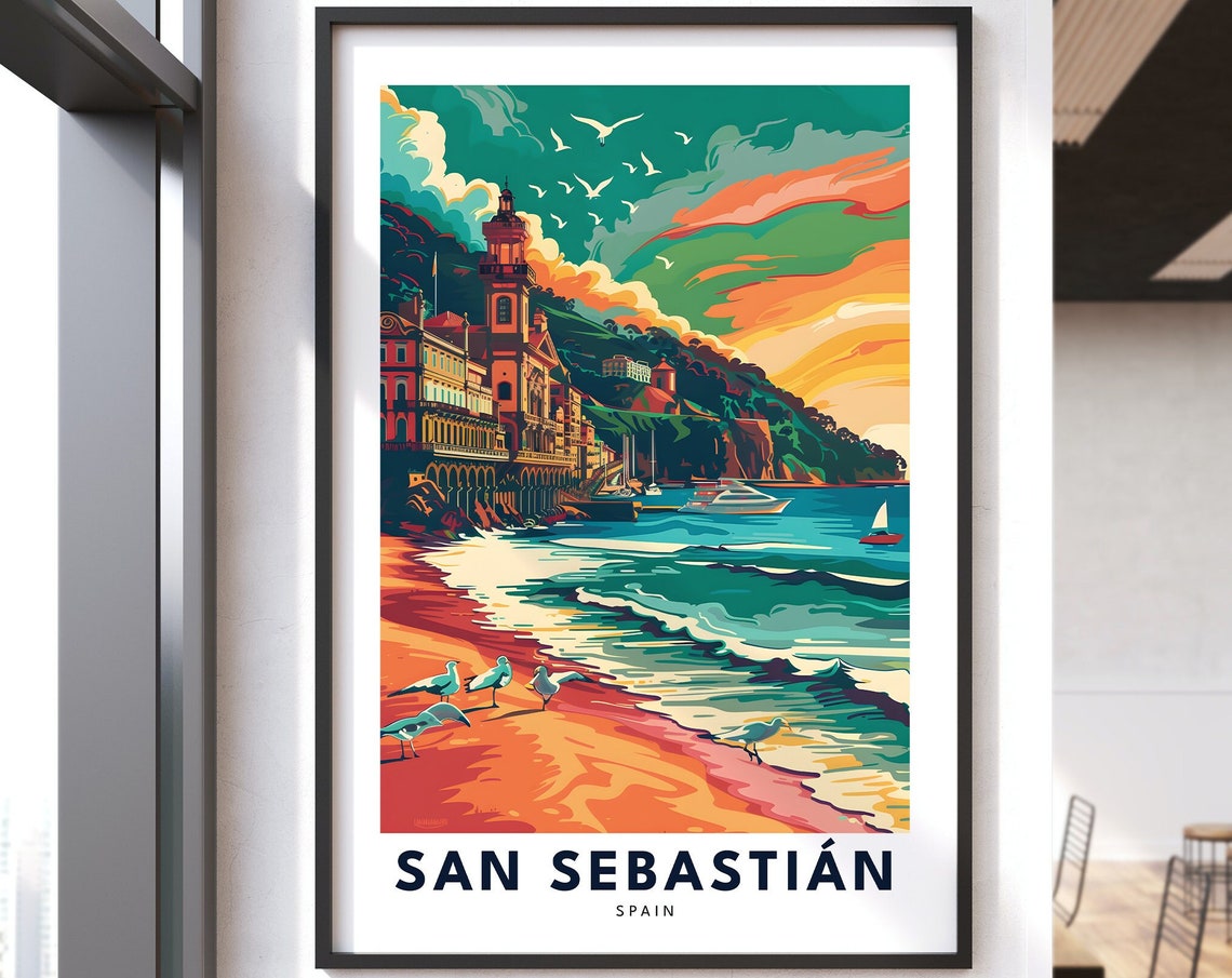 San Sebastian Spain Beach Sunset Travel Poster Coastal Artwork