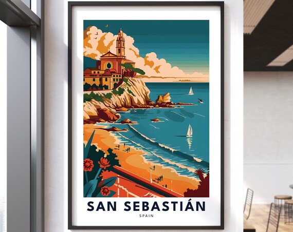 San Sebastian Spain Beach Travel Poster Coastal Church Sailboats Sunset