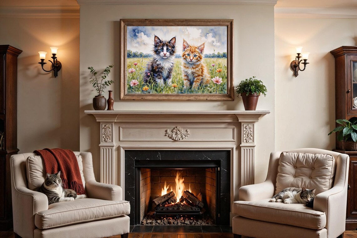 Two Fluffy Kittens in Sunny Wildflower Meadow Watercolor Poster - Image 2