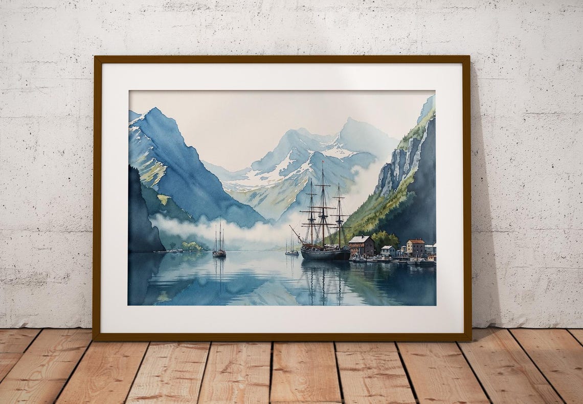 Watercolour Fiord Scene With Three Mast Ship Stunning Landscape Painting Ideal For Nautical Gift Lovers - Image 4
