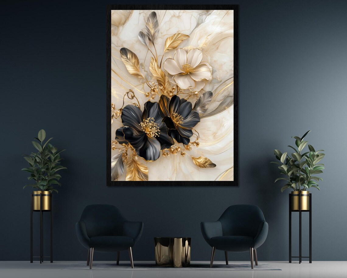 Luxury Black And Gold Flower Marble 3D Floral Elegant Art Poster