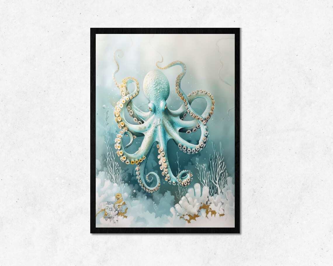 Soft Pastel Blue Octopus Underwater Coral Reef Watercolor Poster