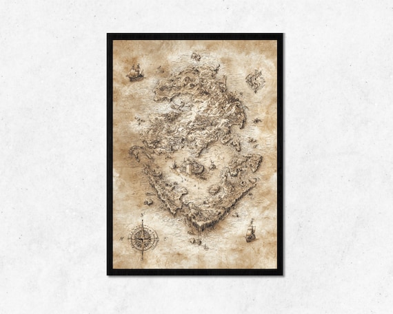 Vintage Pirate Treasure Map With Island Castle Compass Poster