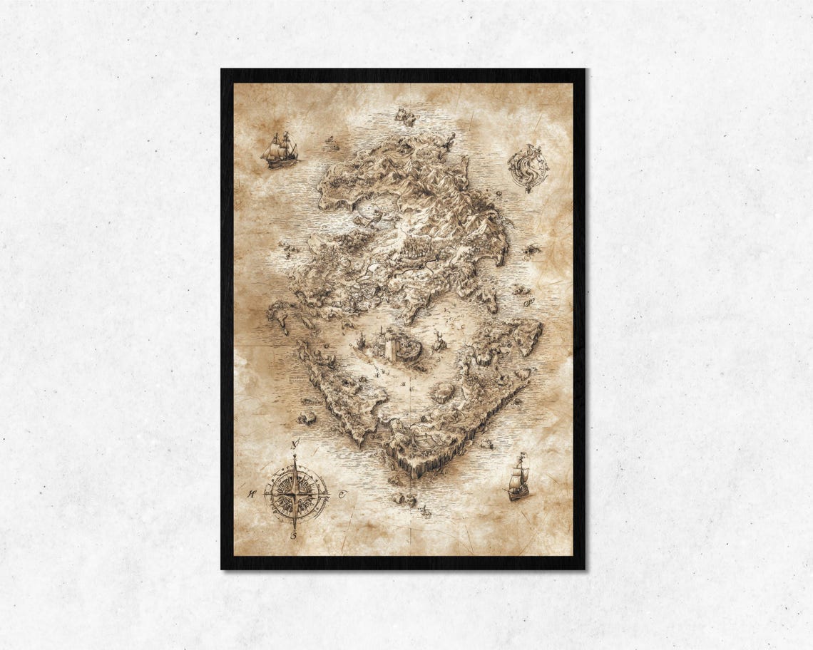 Vintage Pirate Treasure Map With Island Castle Compass Poster
