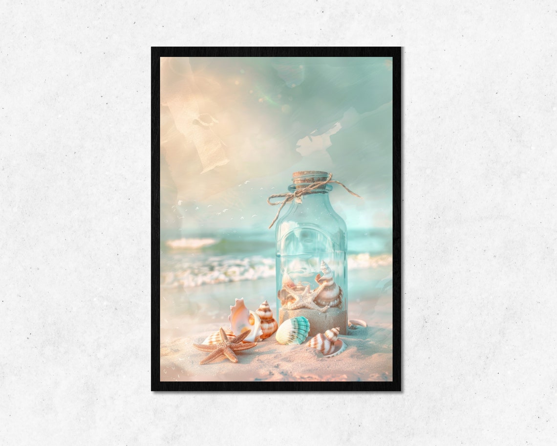 Seashell Bottle On Beach Sunset Dreamy Coastal Decor Art Poster