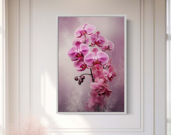 Pink Orchid Blossom Stem Soft Pastel Botanical Flower Wall Art