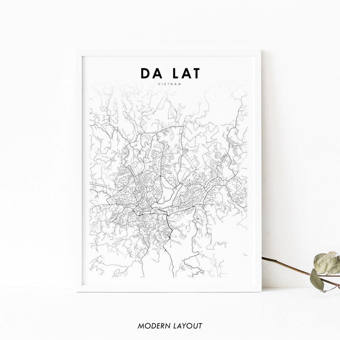 Da Lat Vietnam Minimalist City Street Map Black and White Wall Art
