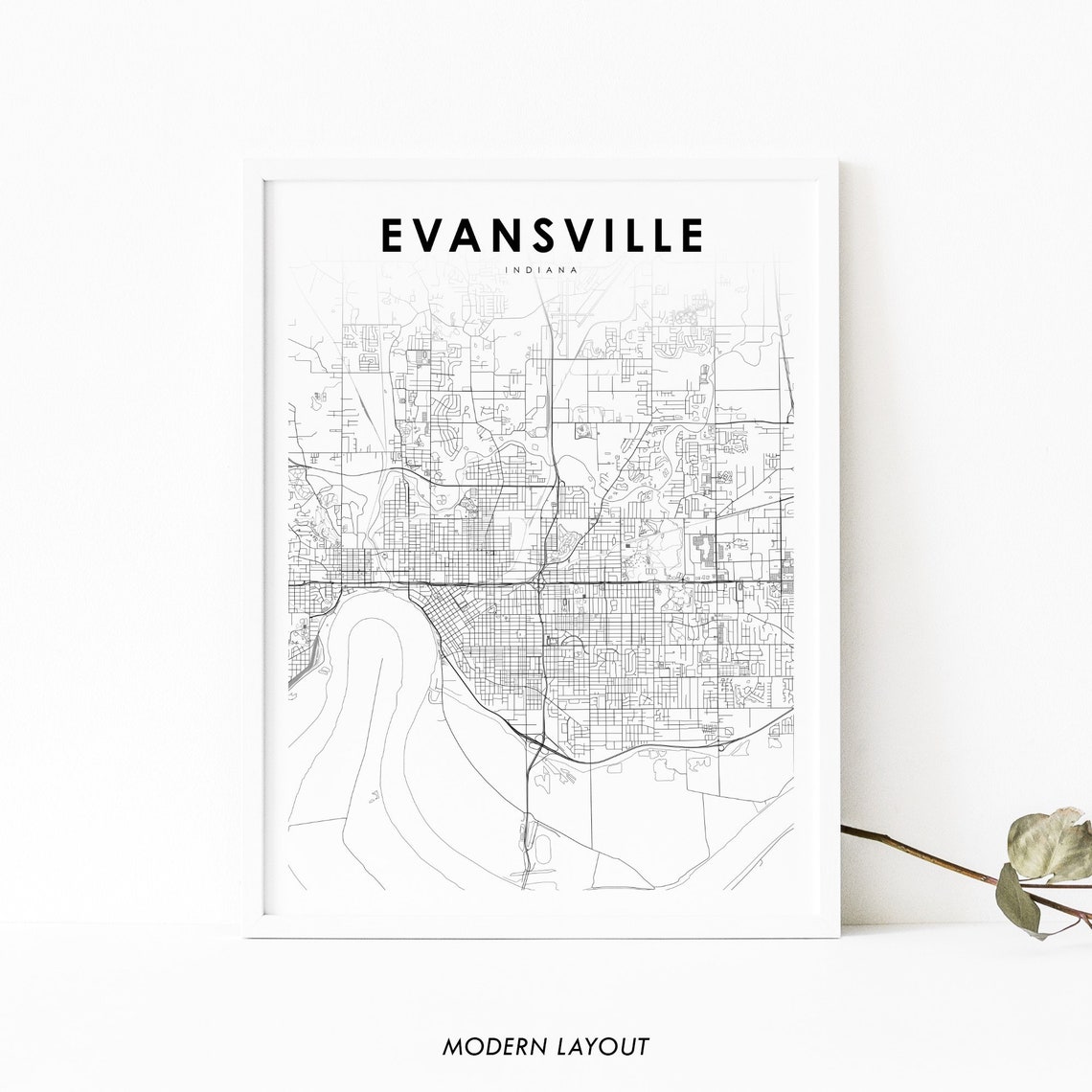 Evansville Indiana USA City Street Map Modern Minimalist Black Poster