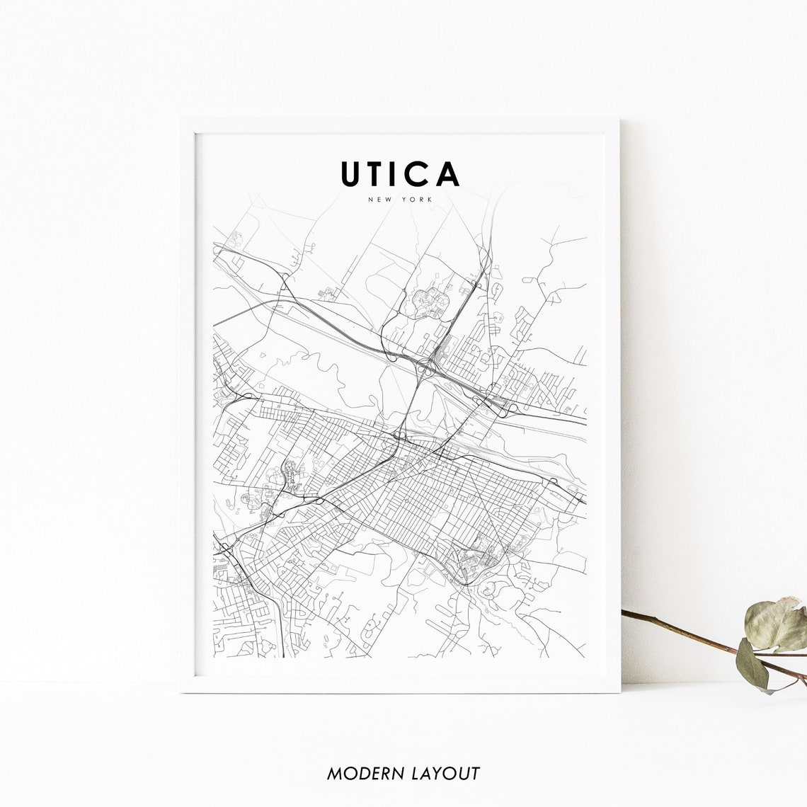 Utica New York Minimalist City Street Map Black White Line Art Poster