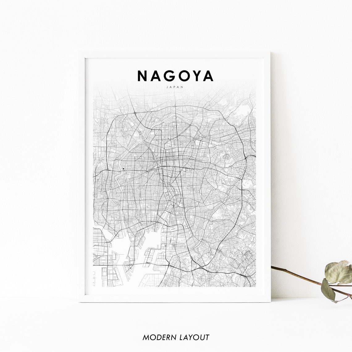 Nagoya Japan City Street Map Minimalist Black White Line Art Poster