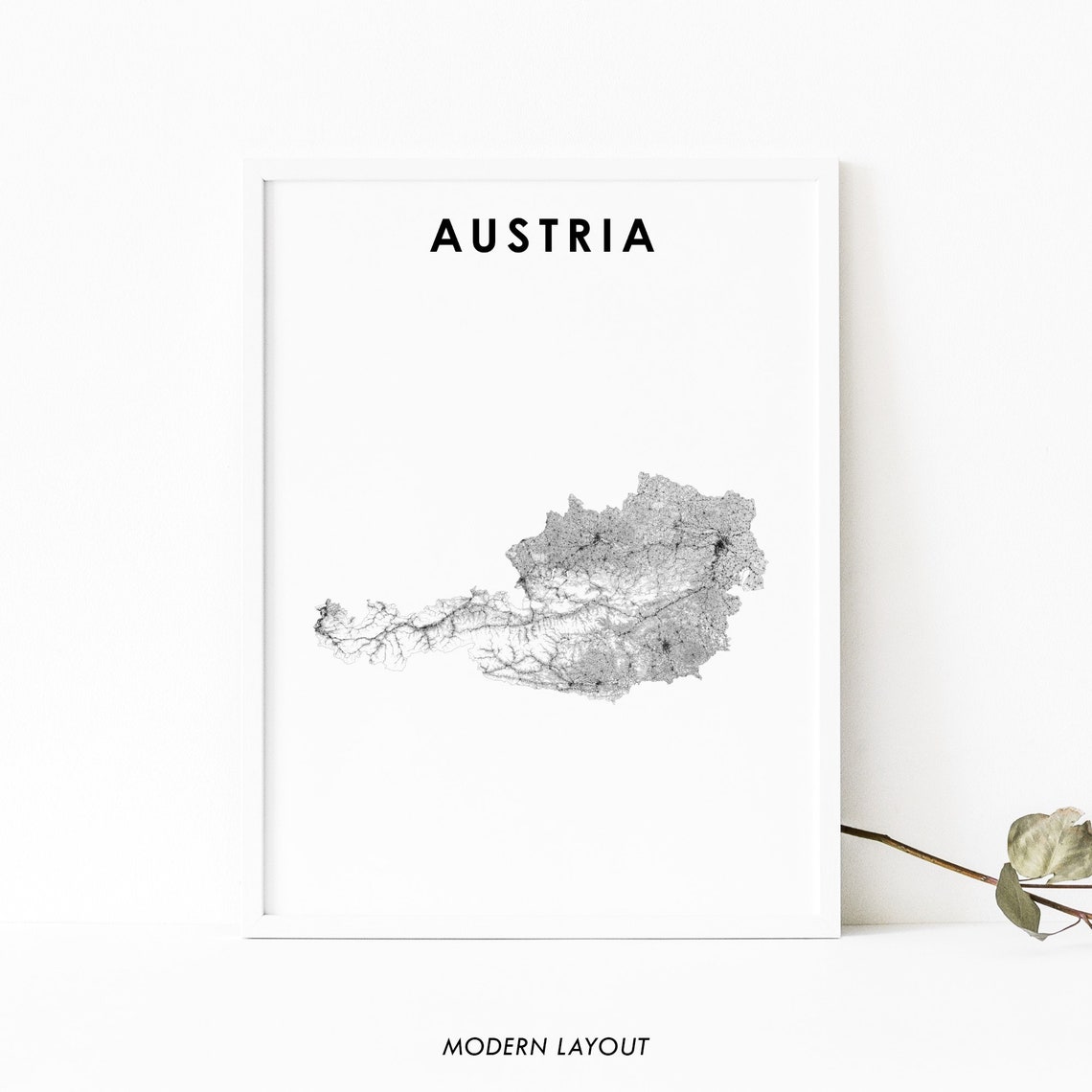 Austria Country Road Map Modern Minimalist White Line Art Poster