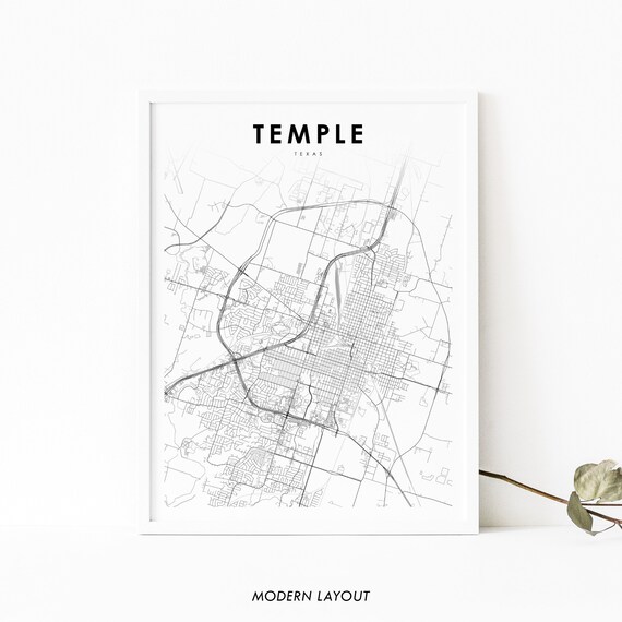 Temple Texas Minimalist Black White City Street Map Art Poster