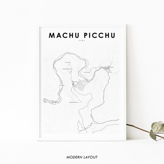 Machu Picchu Peru Topographic Trail Map Print in Modern Minimalist Style