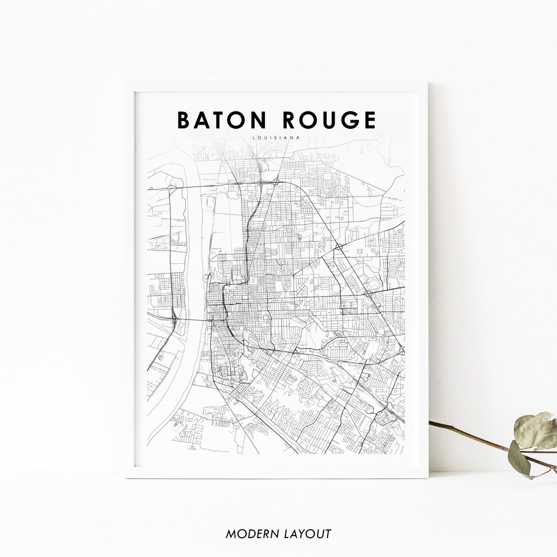 Baton Rouge Louisiana Minimalist Black White City Map Poster