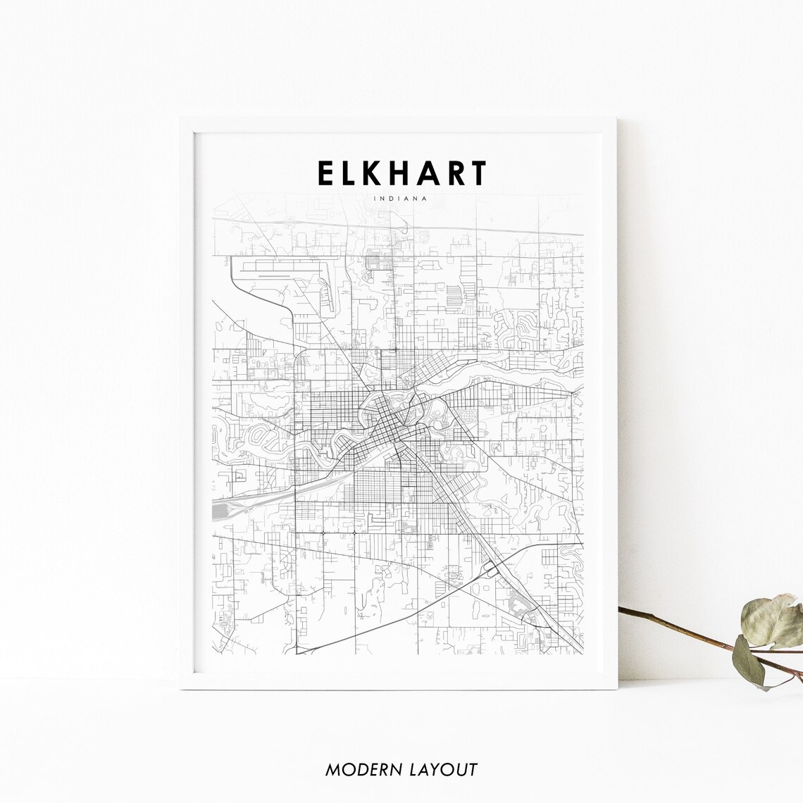 Elkhart, IN Map Print, Indiana City Street Poster