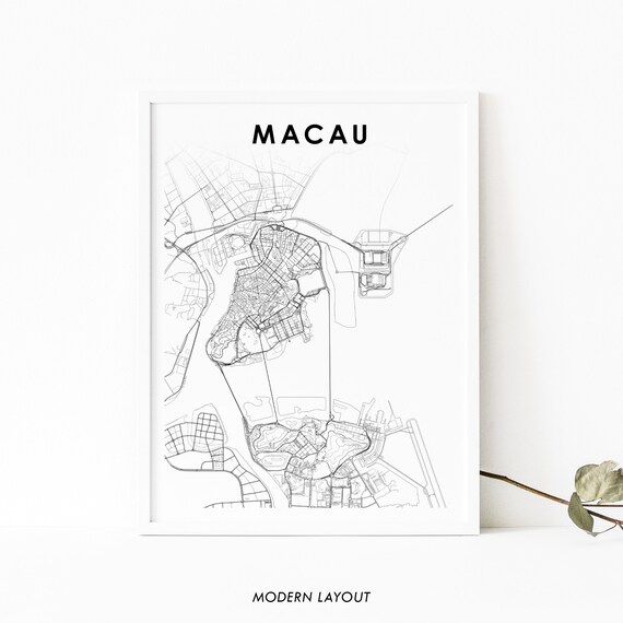Macau Modern Minimalist Black and White City Street Map Wall Art