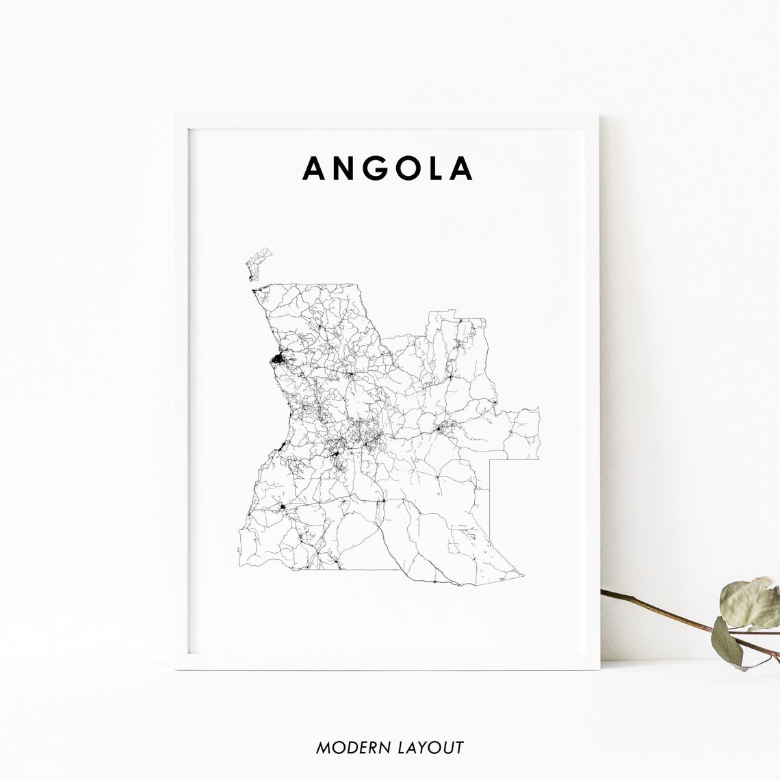 Angola Country Road Map Minimalist Modern Layout Black White Poster