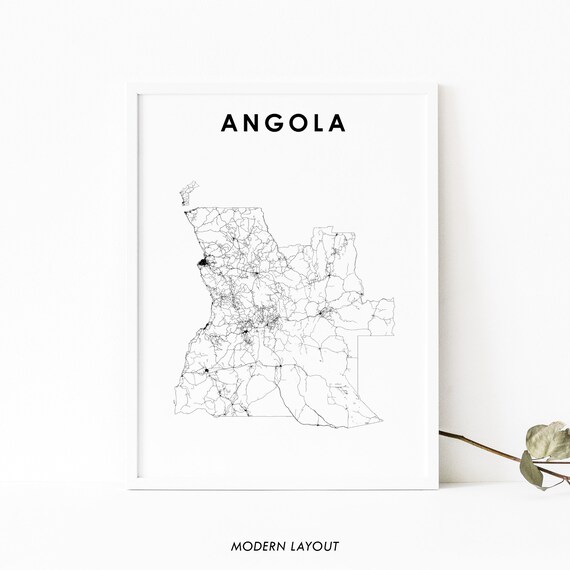 Angola Country Road Map Minimalist Modern Layout Black White Poster