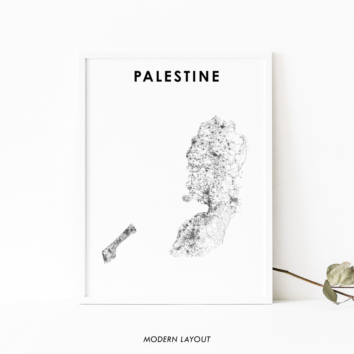 Palestine Map Road Poster, Jerusalem Ramallah Gaza City
