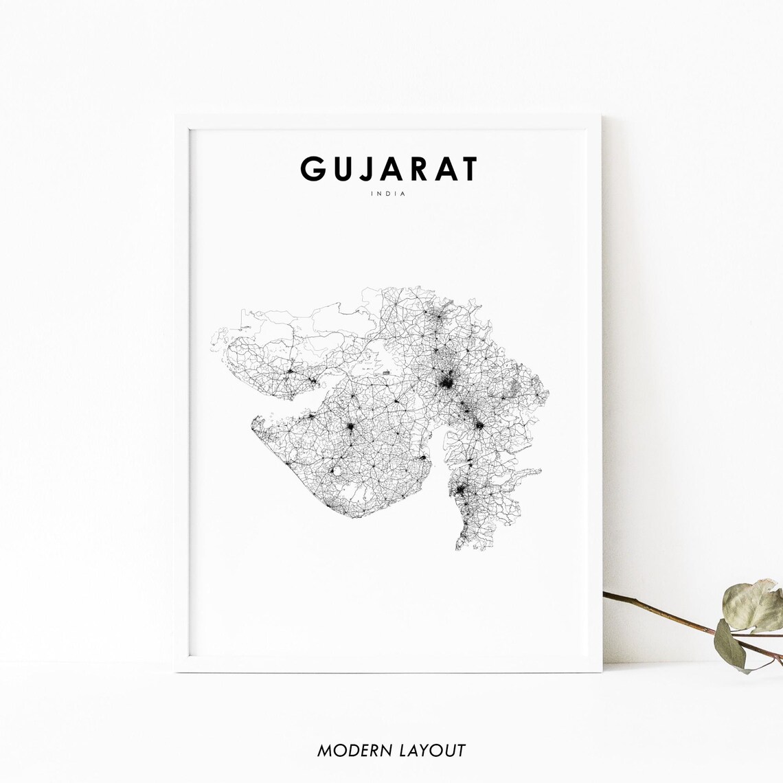 Gujarat India Map Print, Road Art Poster