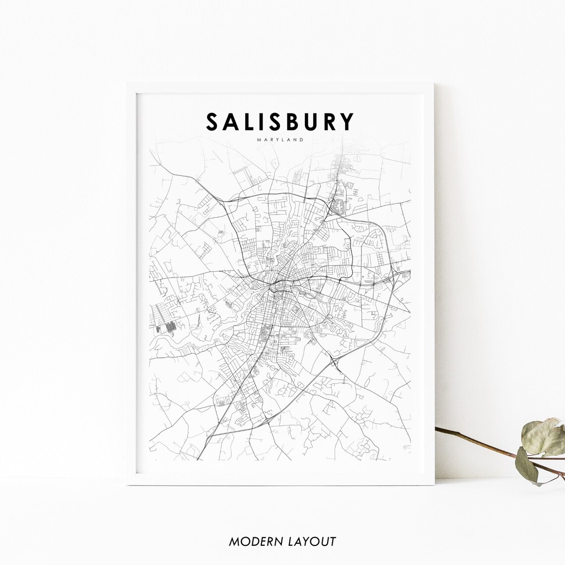 Salisbury MD Map Print, Minimalist Maryland Poster