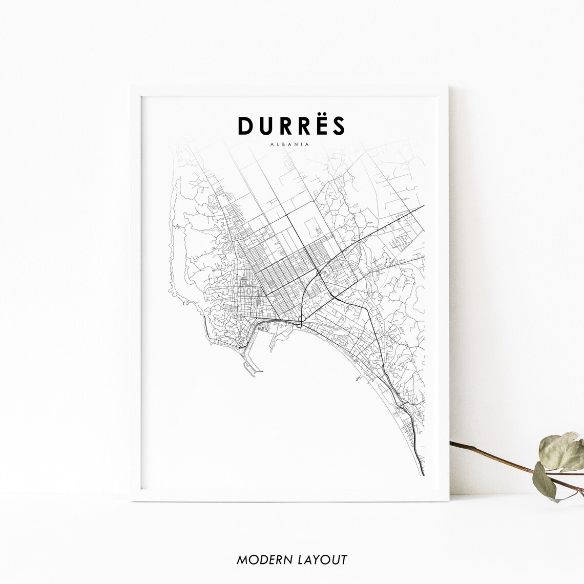 Durrës Albania City Street Map Minimalist Modern Art Print Decor