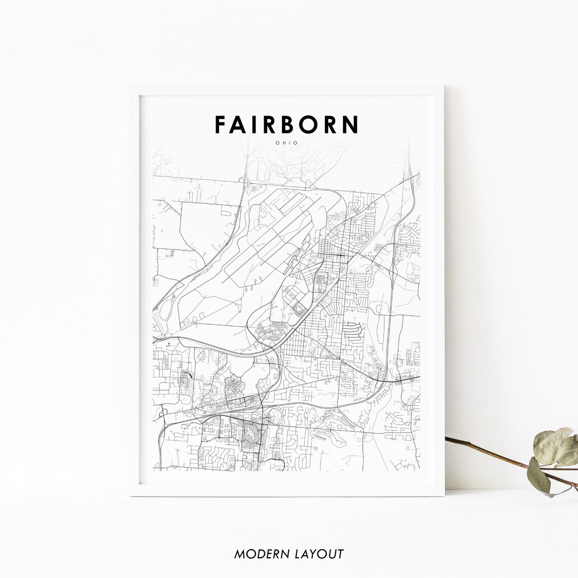Fairborn Ohio Modern City Street Map Minimalist Black And White Poster