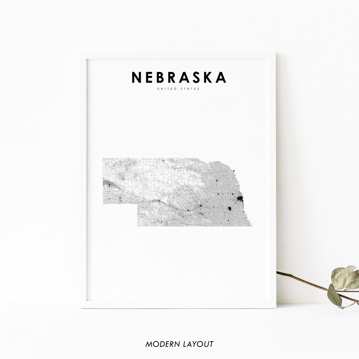 Nebraska State Road Map United States Minimal Modern Style Print