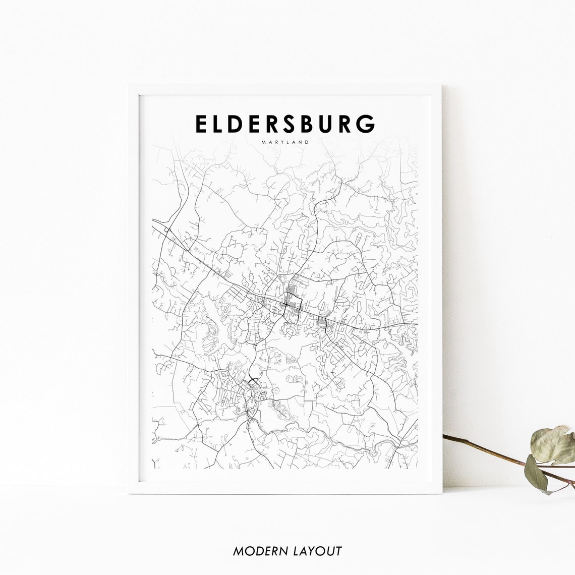 Eldersburg Maryland Minimalist Black and White Street Map Poster